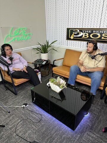 Lore and Dakota recording in The Benefits Boss podcast studio