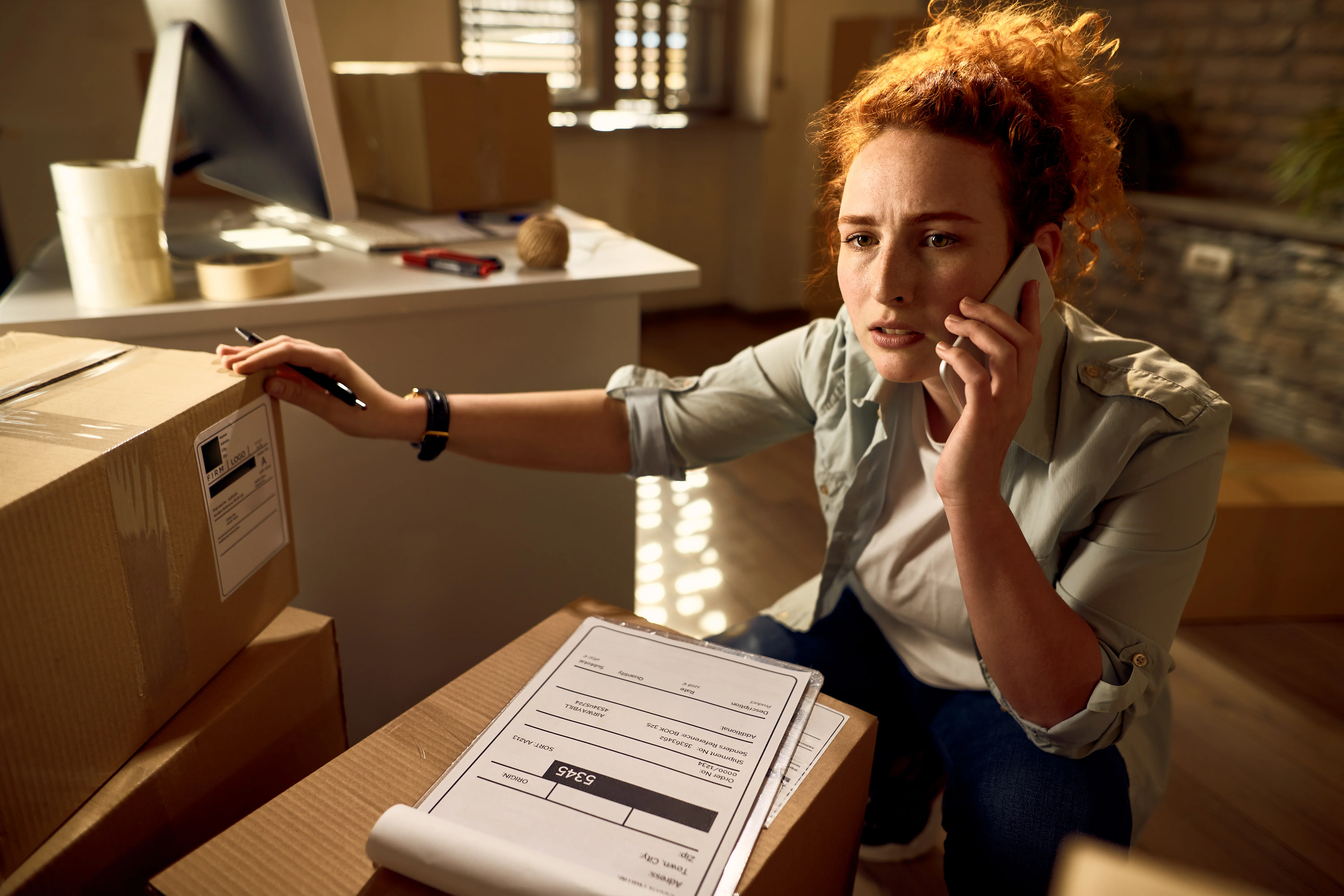 Woman handling paperwork and phone calls after a recent move